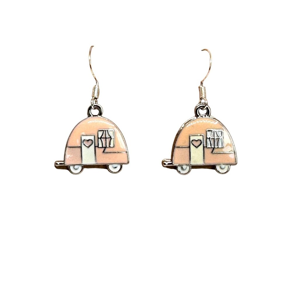 Pink and Silver Metal Camper Trailer on Sterling Silver Hook Earrings #2131